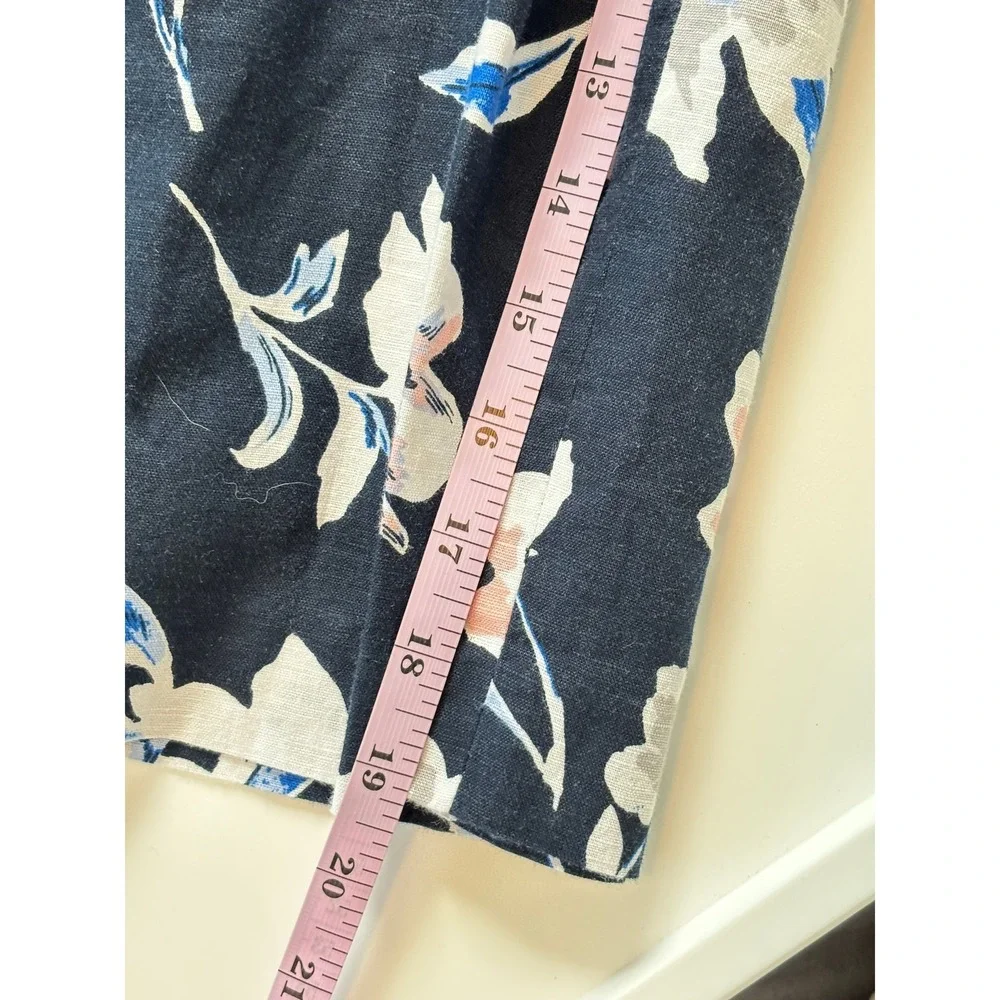 Banana Republic Floral Linen Jumpsuit Navy Blue Size 2 Petite Wide Leg Tie-Waist